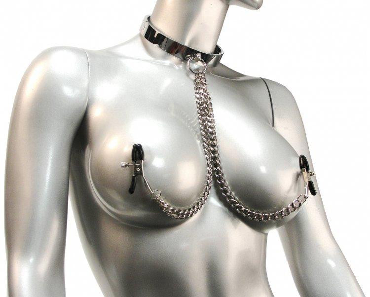 Chrome Slave Collar with Nipple Clamps - SmallMedium