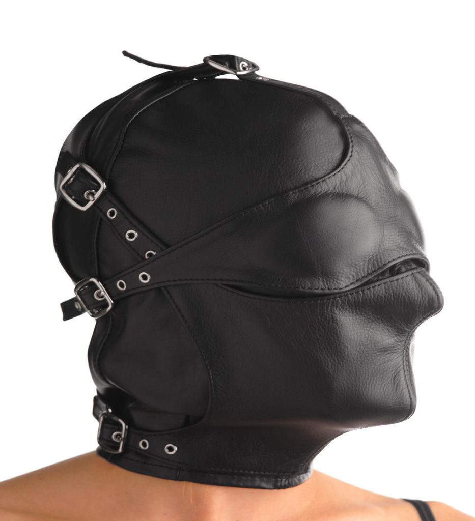 Asylum Leather Hood with Removable Blindfold and Muzzle- ML